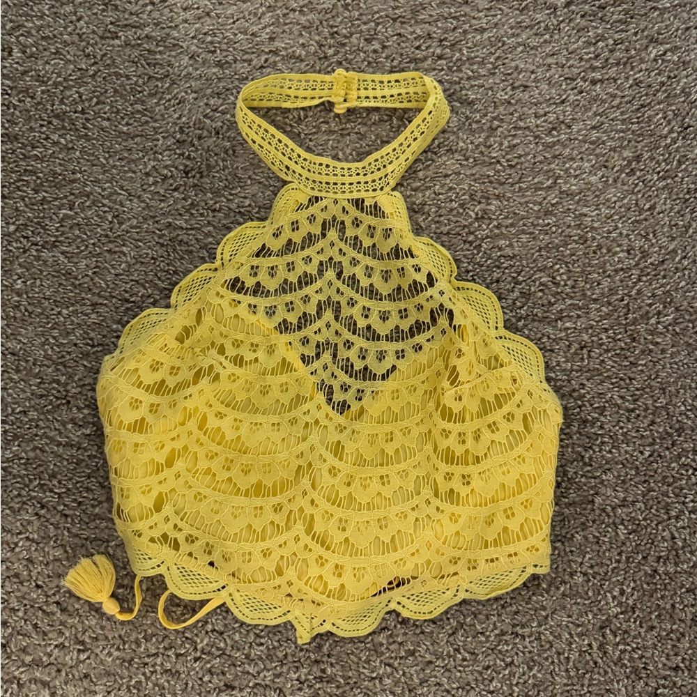 yellow lace crop top with tie back